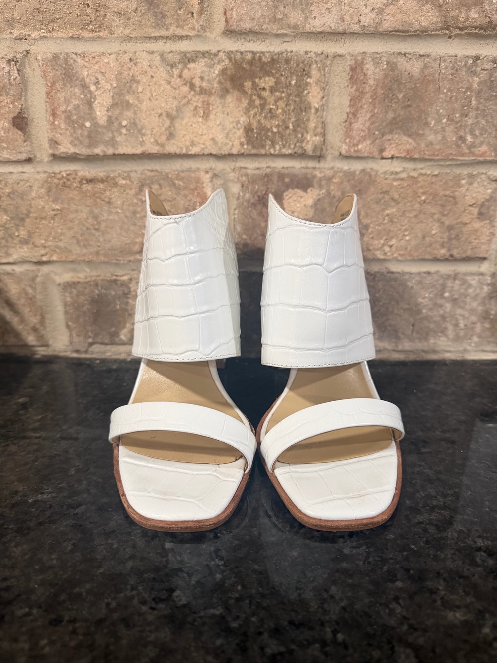 42 GOLD White Croc-Embossed Open-Toe Heel Sandals